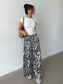 Aloruh Women's Casual Low Waist Elastic Drawstring Zebra Print Loose Wide Leg Pants Zebra Print Trousers Wide Leg Summer Pants