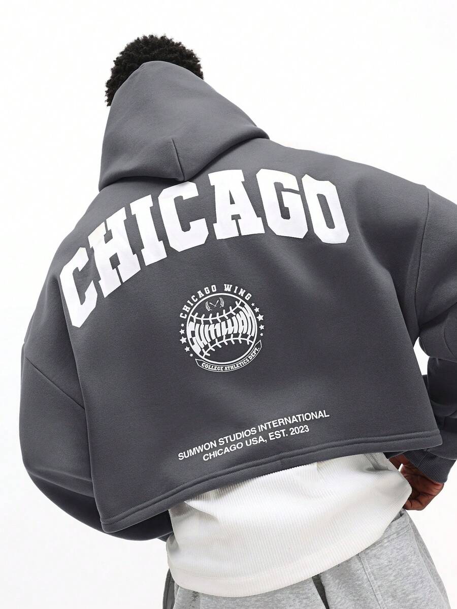 SUMWON Sudadera con capucha oversize de caída de hombros para hombre regular con capucha con cordón y bolsillo central para un estilo casual de calle - Gris - Ver 1