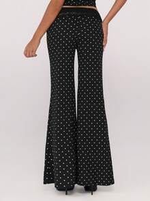 Sweetina Women's Black Casual Retro Vacation Style Polka Dot Print Low Waist Contrast Lace Tie Flare Leg Pants - Multicolor - View 2