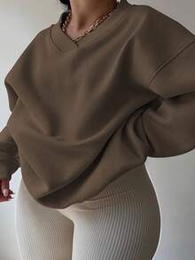 INAWLY Plus Size Solid V-Neck Casual Loose Long Sleeve Sweatshirt Graduation,Back To School Outfits,Graduation,Teacher Outfits For Women,Back To School Pullover Fall Outfit Winter Autumn