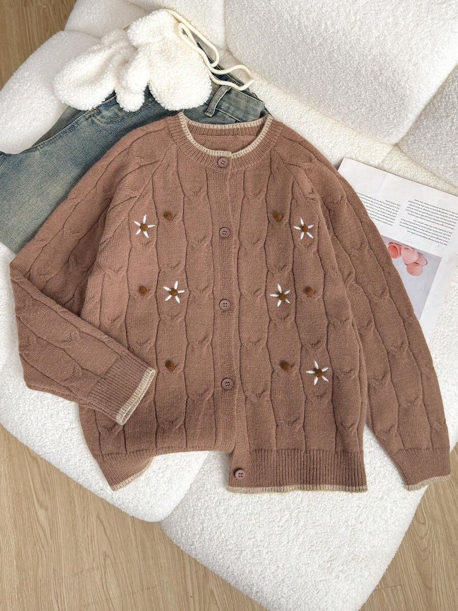 Tween Girl Casual Colorblock Embroidered Trim Cardigan, Autumn/Winter - كاكي - مشاهدة 1