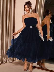 Cravure فستان نسائي أنيق بلا أكتاف من قماش الشبك ذو لون أحادي وتصميم غير منتظم، قصة A-line مناسبة للحفلات والنوادي والسهرات المسائية والخروجات والتصوير الفوتوغرافي - أزرق بحري - مشاهدة 3