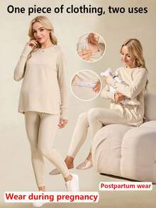 SHEIN 2 piezas Conjunto de enfermería - Top de manga larga de cuello redondo de unicolor y pantalones largos - Caqui - Ver 1