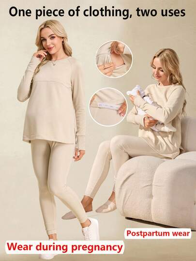 SHEIN 2 piezas Conjunto de enfermería - Top de manga larga de cuello redondo de unicolor y pantalones largos