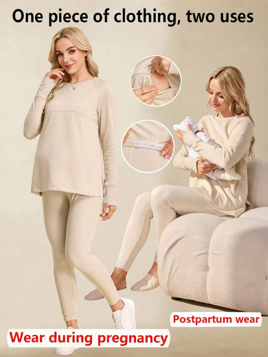 SHEIN 2 piezas Conjunto de enfermería - Top de manga larga de cuello redondo de unicolor y pantalones largos - Caqui - Ver 1