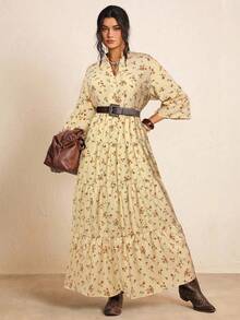 Freevana 大码粉色碎花休闲四层连衣裙 - 卡其色 - 查看 6