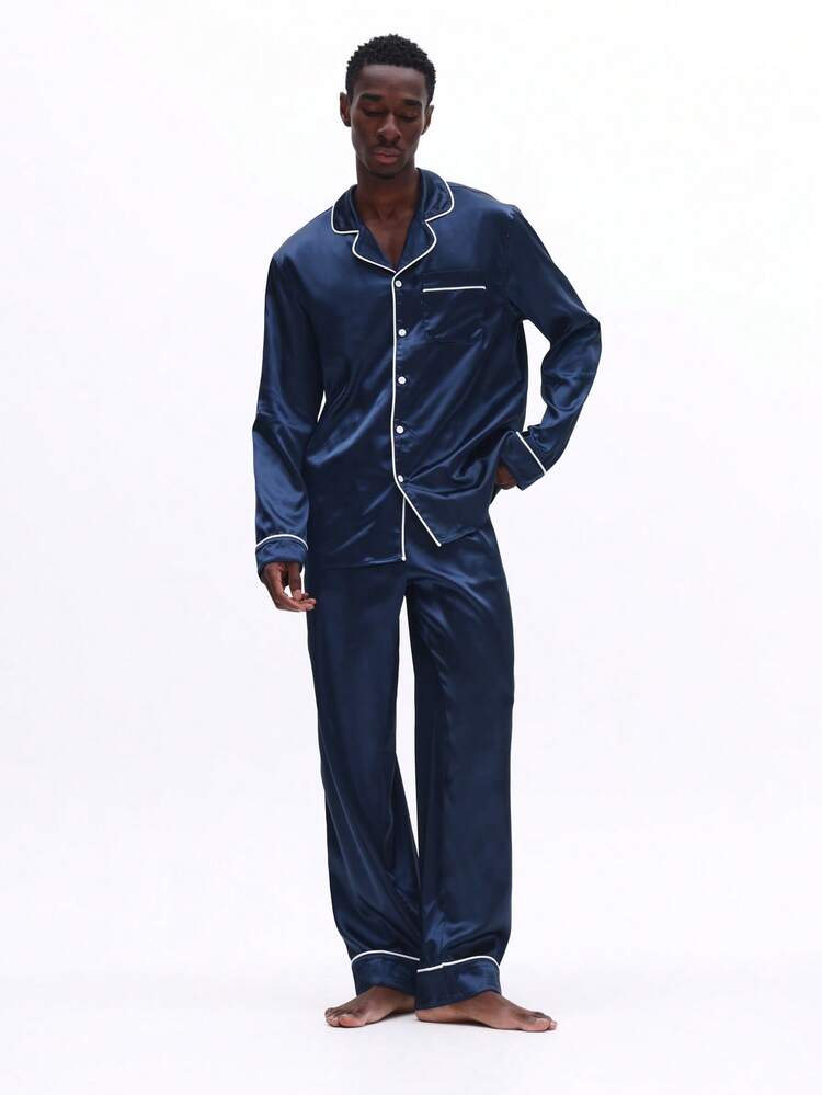 Long Sleeve Button Pajama Set With Contrast Piping