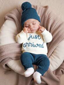 SHEIN 3Pcs Set Baby Hospital Arrival Announcement Outfit 1-3 Month Baby Knitted Tops And Pants With Hat Newborn Photo Shoot Props Neutral Baby Coming Home Outfit - Multicolor - View 5