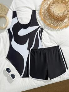 SHEIN Teen Girl Black & White Graphic Print One-Piece Swimwear Set With Shorts,Snug Fit Competitive Bathing Suit For Tweens 13 Year Old,Summer,Beach,Holiday - Multicolor - View 2