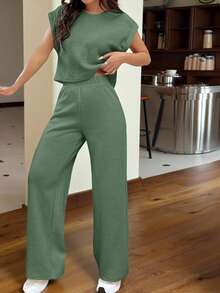 SHEIN EZwear Bộ áo len và quần dệt kim cỡ lớn có tay áo dành cho nữ, màu xanh xám - Màu xanh Ô liu - Xem 4