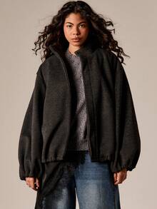 AiiRZ Chaqueta de cuello de embudo con aspecto de lana, con detalle de bajo abombado y cierre de cremallera para otoño e invierno - Gris Oscuro - Ver 1