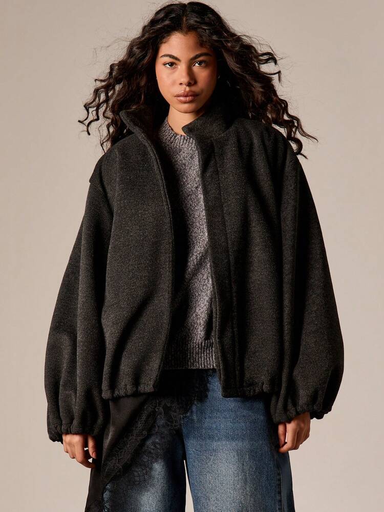 Cropped Funnel Neck Jacket With Bubble Hem