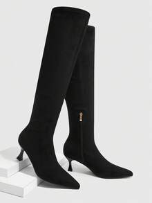 CUCCOO SZL 女士黑色麂皮时尚超高过膝长靴，尖头猫跟，优雅简约弹力过膝长靴 - 黑色 - 查看 2