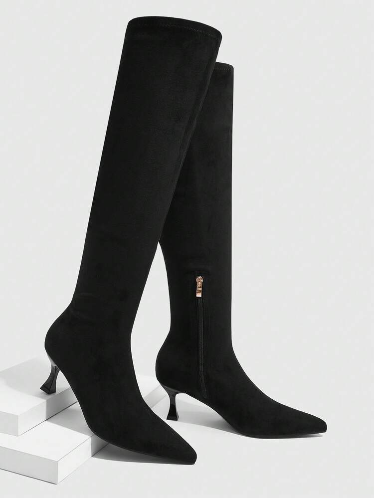 CUCCOO SZL Women's Black Suede Fashion Super High Over-The-Knee Boots, Pointed Toe Kitten Heel, Elegant Minimalist Stretch Thigh High Boots For Christmas