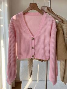 SHEIN EZwear Women Spring Daily Solid Color Long Sleeve Cardigan,Knitted Sweater In Fall/Winter - Baby Pink - View 4