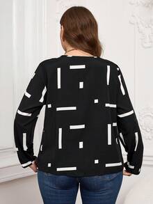 Miaspire Camisa Casual de Manga Longa Feminina com Decote em V e Estampa Geométrica em Plus Size, Primavera/Verão - Preto e Branco - Visão 2