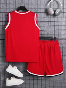 SHEIN 两件套青少年男童运动黑色罗纹背心套装，适合青少年男孩，返校季；春季服装；青少年男童服装；儿童外套，春季返校季