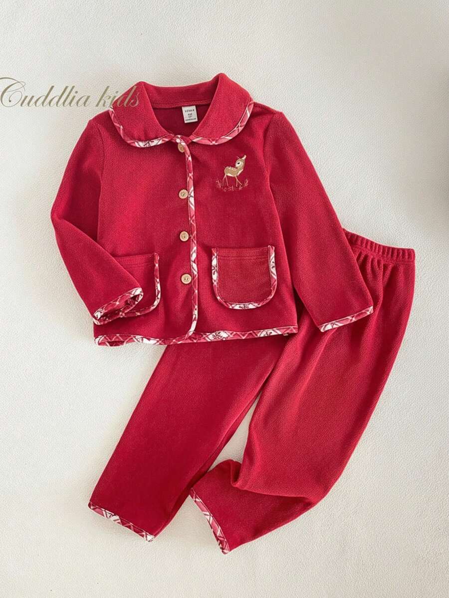 SHEIN Vintaside Kids 女童 2 件組紅色睡衣套裝,可愛鹿圖案刺繡開襟上衣與純色長褲,舒適秋季夜晚度假穿搭,冬季嘉年華服飾 - 紅色 - 查看 1