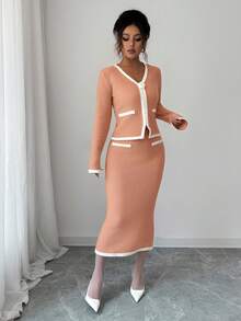 Elenzga Áo len và chân váy công sở đơn giản, thoải mái, cổ chữ V, tay dài, chất liệu kaki dệt kim cao cấp, họa tiết hoa hồng 3D, cạp chun thanh lịch, dễ phối đồ, trang phục công sở thường ngày sang trọng - trái cam - Xem 5