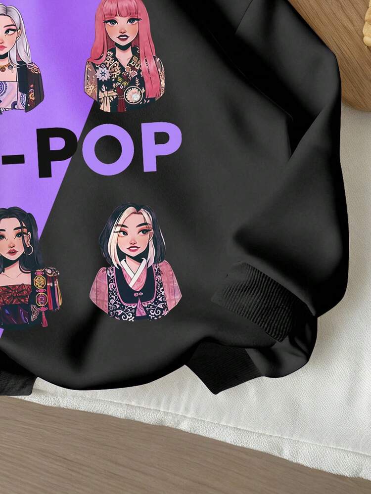 SHEIN 1pc Young Girl Casual K-POP Cartoon Graphic Contrast Color Sweatshirt, Comfortable Thick Knit Long Sleeve Pullover For Suitable Autumn/Winter - Multicolor - View 3