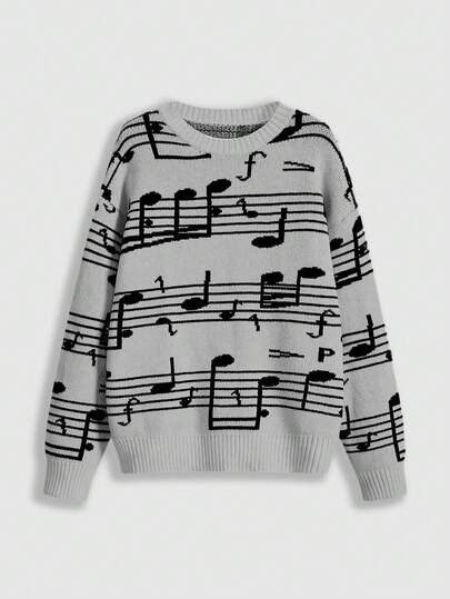 Damen Retro Pullover mit Musiknoten- und Violin-Schlüssel-Jacquard-Strick