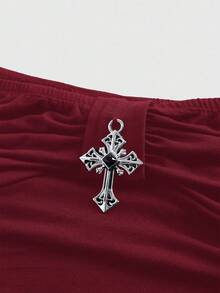 ROMWE J-Fashion Damen Große Größen Lässig einfarbiges plissiertes schlankes Off-Shoulder T-Shirt - Rot - Übersicht 3