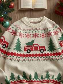 SWAVVY Pulover casual bărbătesc la modă cu model de brad de Crăciun, guler rotund, mânecă raglan, toamnă/iarnă