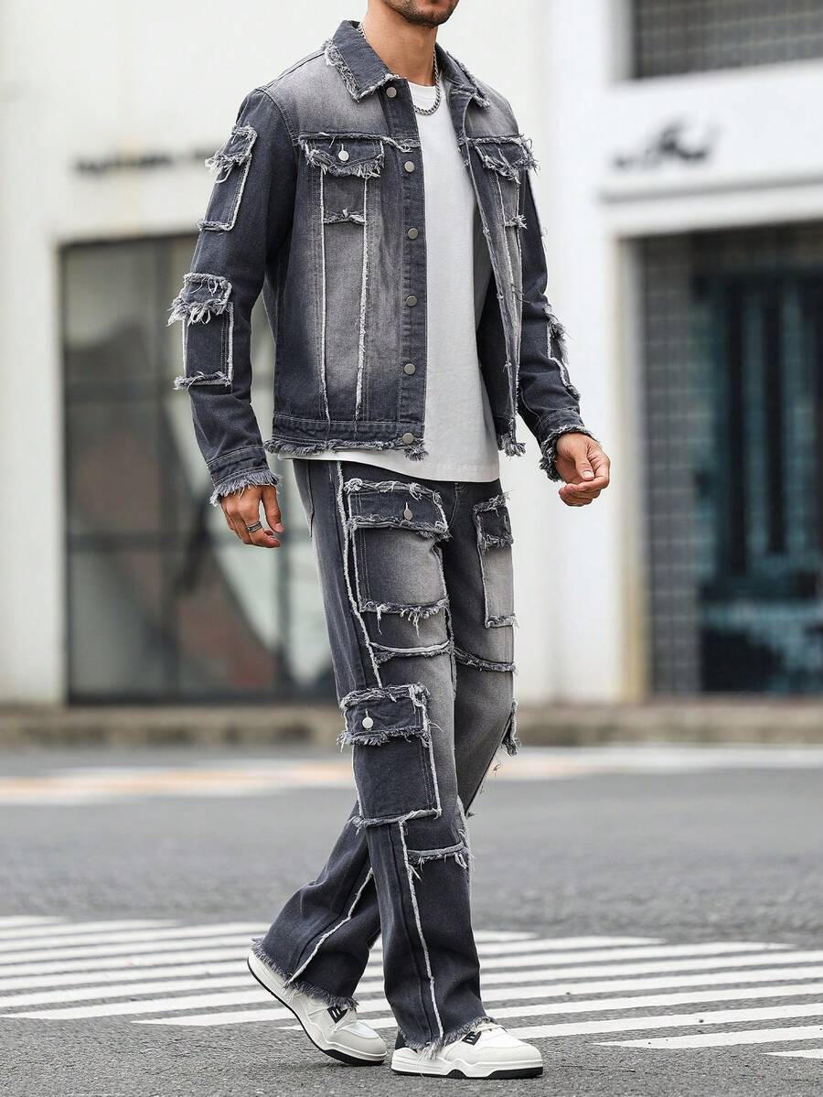 Manfinity LEGND 男士休闲做旧毛边灰色牛仔套装 - 深灰色 - 查看 1