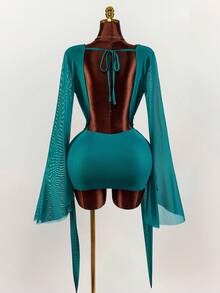 Amplova 浪漫度假风大地色系低胸垂褶领喇叭袖修身迷你连衣裙 - 彩色 - 查看 7