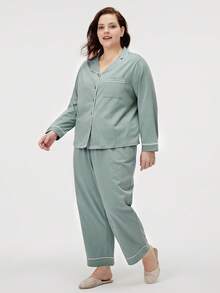 LUVLETTE 秋冬加大码绿色柔软纯棉基础款纽扣上衣和裤子家居服睡衣套装 秋季睡衣