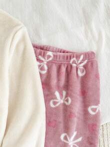 女童冬季套装，可爱蝴蝶结刺绣圆领宽松长袖抓绒上衣搭配蝴蝶结爱心印花宽松睡裤，蝴蝶结睡衣套装，配套睡衣套装，儿童蝴蝶结睡衣，柔软睡衣套装，蝴蝶结睡衣 - 粉色 - 查看 6