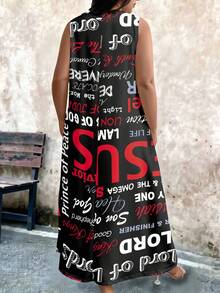 EMERY ROSE Plus Size Women V-Neck Letter Print Sleeveless Dress - Multicolor - View 2