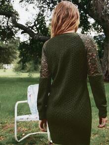 Freevana 女士休闲撞色蕾丝插肩袖连衣裙，秋季绿色连衣裙，波西米亚风女装，哥特乡村西部风 - 軍綠色 - 查看 5