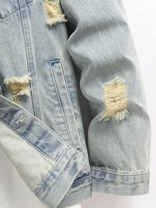 Chillumni Men's Casual Distressed Blue Denim Jacket, Street Style - Light Wash - View 8