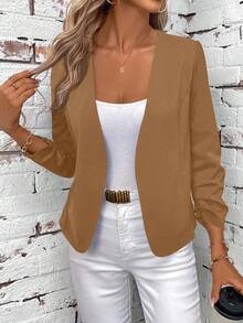 SHEIN Clasi Áo khoác nữ màu đen thanh lịch, tay dài, xếp ly phía trước, đa năng, thích hợp mặc nhà. Áo blazer nữ, áo khoác vest nữ, áo blazer mùa hè màu nâu, áo blazer nữ màu nâu. - Màu Khaki - Xem 1
