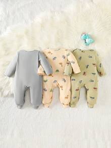 Newborn Baby Cotton Pajamas-3 Piece Pajama New Born 2026 Footed Sleepsuit Set Dinosaur Car Print Long Sleeve Round Neck Snap Closure Full Length Footed Pants One Piece Pajamas Pastel Gray Peach Olive Four Seasons Holiday 2026 Must Have Gift - Multicolor - View 2