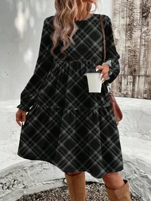EMERY ROSE Casual Elegant Women's Mid-Length Dress, Autumn/Winter Spring Women Long Sleeve Dress Lantern Sleeve Dress Checkered Dress - Black - View 3
