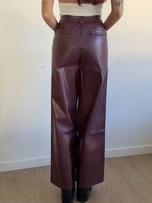 Abrilcols 勃艮第约会之夜纯色 PU 皮革直筒裤