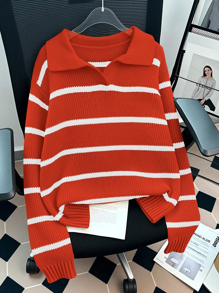 GlowEve Suéter feminino casual listrado solto, outono/inverno - Laranja Coral - Ver 1
