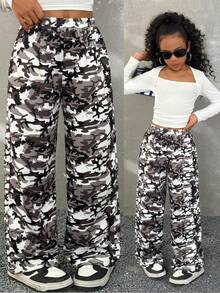 Coolane Kids Pantalones anchos con estampado de camuflaje y cordón en la cintura para niñas preadolescentes, ropa para padres e hijos - Gris - Ver 1