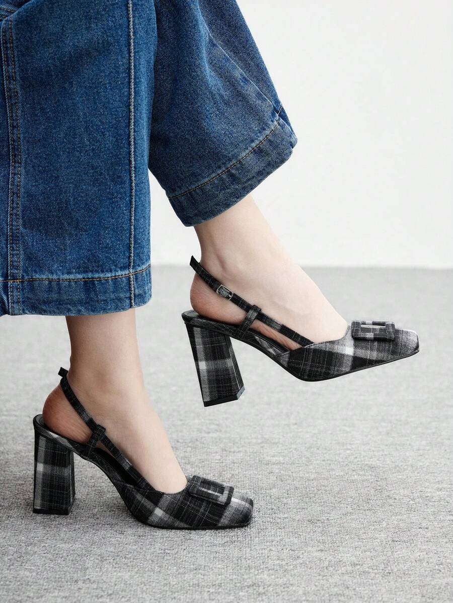 CUCCOO BIZCHIC 女士方头粗跟棕色PU皮高跟鞋,时尚简约,舒适百搭,适合日常穿着及圣诞节等场合 - 黑色 - 查看 1