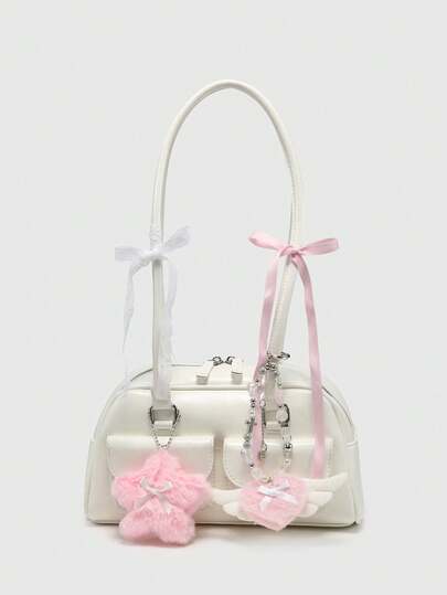 Kawaii Vintage niedlicher Stil Damen Karomuster Umhängetasche mit Schleife, Kirsch- und Herzdekor, Mehrtaschige Boston Tasche, Schul-, Straßen- und Japanischer Stil Tasche für Frauen
