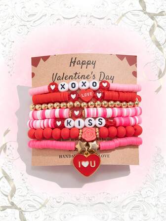 Kawaii 7 Stück/Set modischer, süßer und niedlicher Herz-Anhänger & Perlen-Buchstaben-Armband für Frauen für den täglichen Gebrauch, Valentinstag & Freundschaftsgeschenk, Mama, Mutter, Muttertag, Geschenk