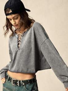 SoleilVie 女士纯色系带领时尚长袖卫衣 - 灰色 - 查看 2