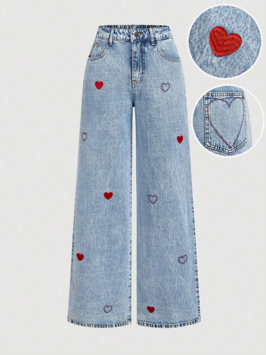 Sweetra 女士休闲日常通勤爱心刺绣宽松阔腿牛仔裤 - 藍色 - 查看 1