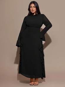 SHEIN BAE Plus Size Women Brown Long Sleeve Chiffon Ruffle Flare Sleeve Maxi Dress