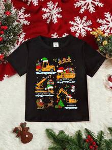 SHEIN Baby Boy Casual Fashionable Warm Comfortable Classic Christmas, Cartoon Excavator, Christmas Tree Pattern, Cute Style, Cartoon Dinosaur, Christmas Deer, Christmas Pattern Cartoon Print Short Sleeve Top, Suitable For Summer