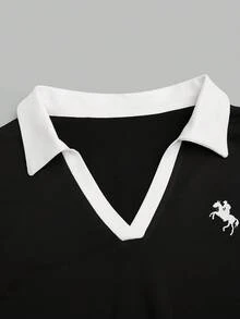 Sweetra Fashionable Casual Slim Fit Turndown Collar Long Sleeve T-Shirt, Versatile For Spring & Autumn - Black - View 7