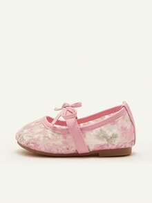 Cozy Pixies 1 Pair Spring/Summer Lace Cute Floral Mesh Bow Decor Flat Princess Shoes For Girls, Suitable For Wedding, Party, Gathering - Pink - View 3
