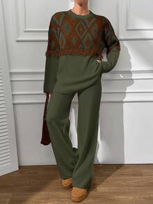 EURMUSE Boho Sweater And Trouser Casual Simple - Army Green - View 3
